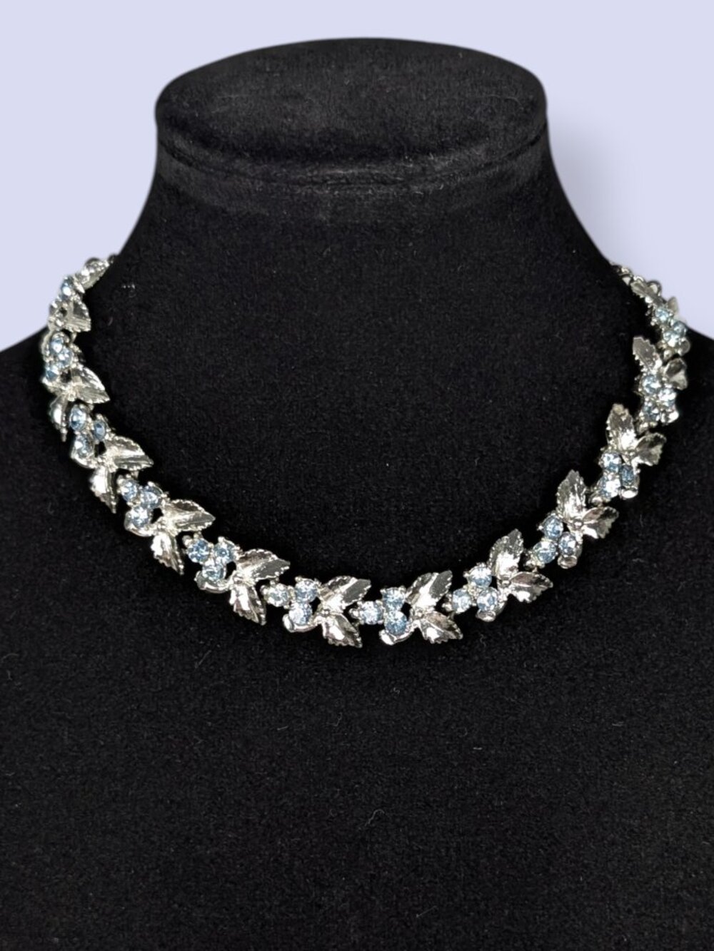 V. 1960s Blue Rhinestone Leaf Statement Necklace